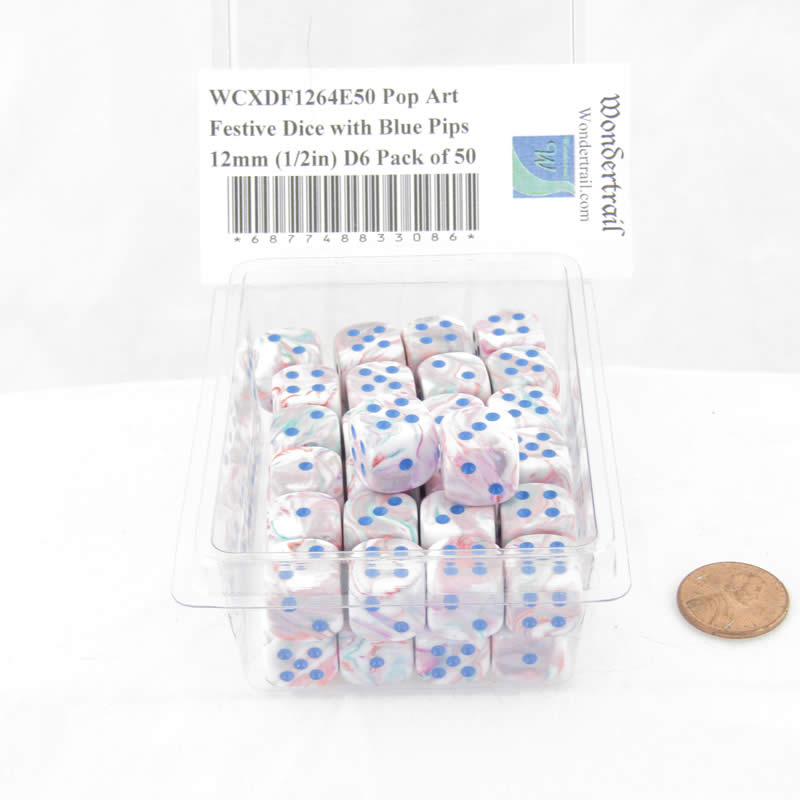 WCXDF1264E50 Pop Art Festive Dice with Blue Pips 12mm (1/2in) D6 Pack of 50 Main Image