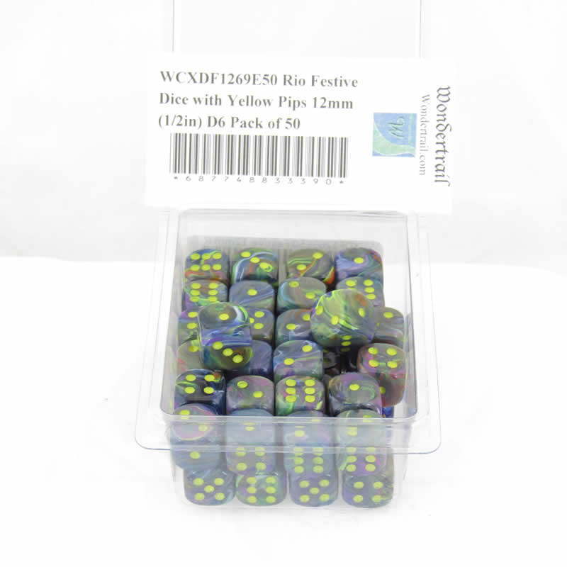 WCXDF1269E50 Rio Festive Dice with Yellow Pips 12mm (1/2in) D6 Pack of 50 Main Image