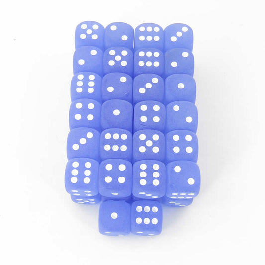 WCXDF1606E50 Blue Frosted Dice White Pips 16mm (5/8in) D6 Pack of 50 Main Image