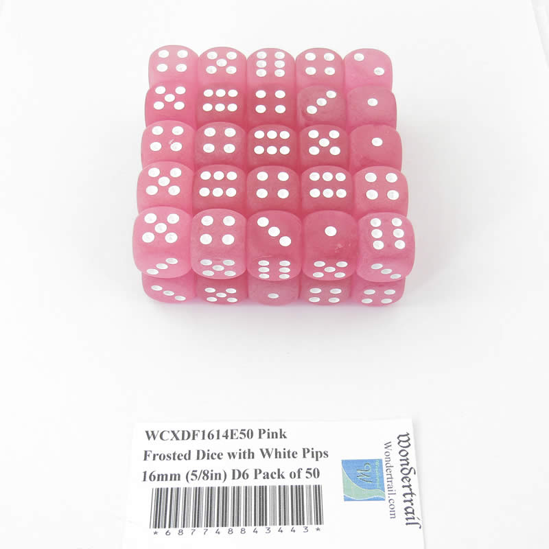 WCXDF1614E50 Pink Frosted Dice with White Pips 16mm (5/8in) D6 Pack of 50 Main Image