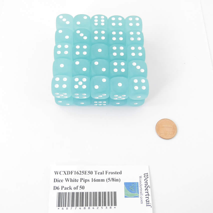 WCXDF1625E50 Teal Frosted Dice White Pips 16mm (5/8in) D6 Pack of 50 Main Image