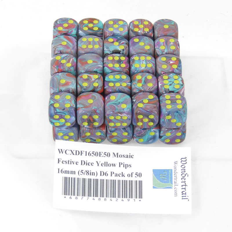 WCXDF1650E50 Mosaic Festive Dice Yellow Pips 16mm (5/8in) D6 Pack of 50 Main Image