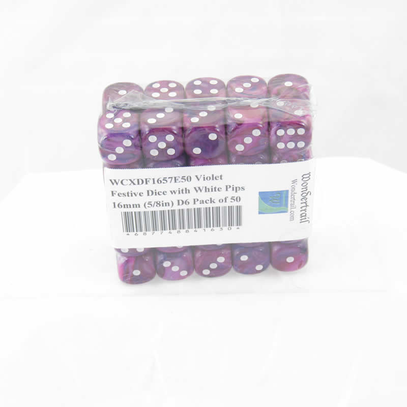 WCXDF1657E50 Violet Festive Dice with White Pips 16mm (5/8in) D6 Pack of 50 Main Image