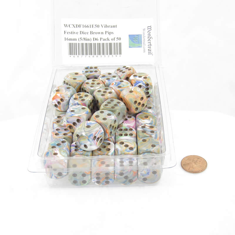 WCXDF1661E50 Vibrant Festive Dice Brown Pips 16mm (5/8in) D6 Pack of 50 Main Image