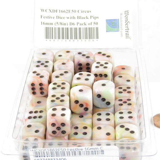 WCXDF1662E50 Circus Festive Dice with Black Pips 16mm (5/8in) D6 Pack of 50 Main Image