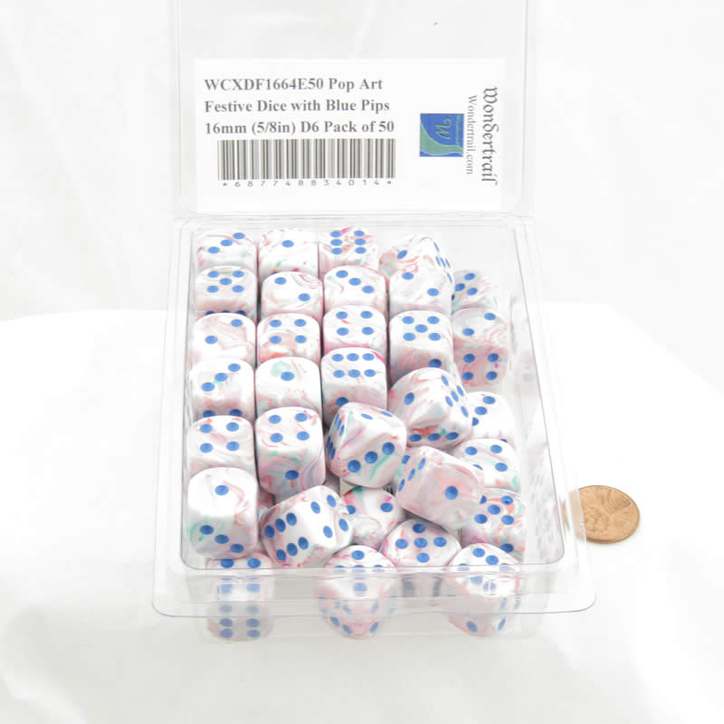 WCXDF1664E50 Pop Art Festive Dice with Blue Pips 16mm (5/8in) D6 Pack of 50 2nd Image