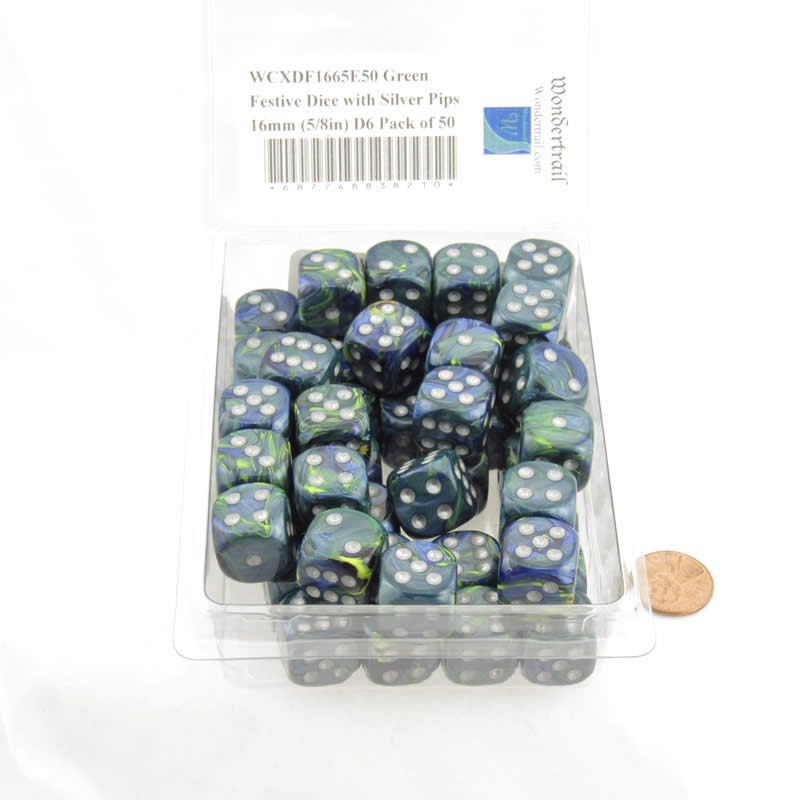 WCXDF1665E50 Green Festive Dice with Silver Pips 16mm (5/8in) D6 Pack of 50 2nd Image