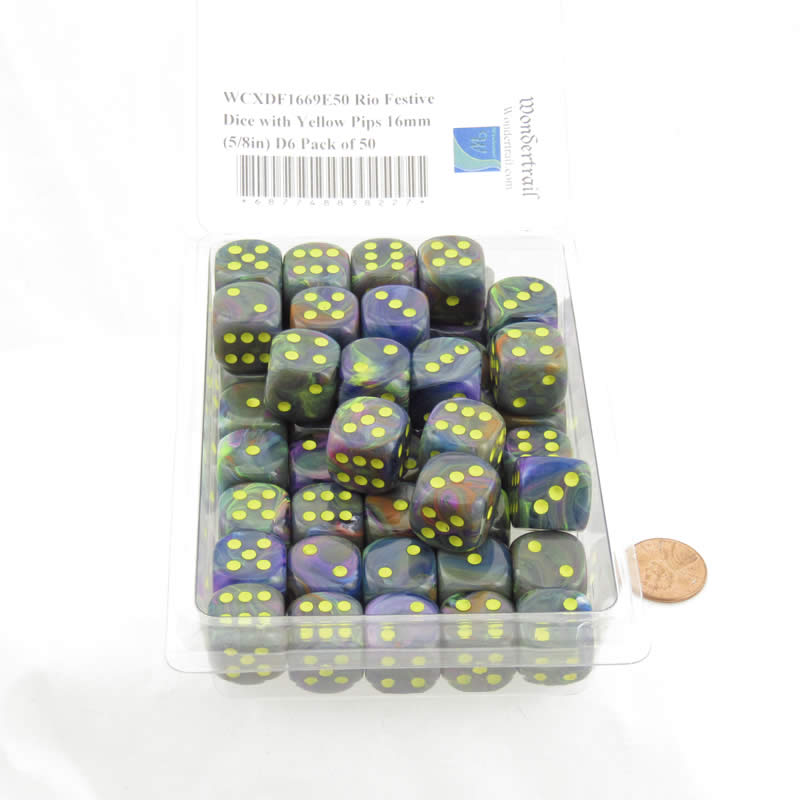 WCXDF1669E50 Rio Festive Dice with Yellow Pips 16mm (5/8in) D6 Pack of 50 2nd Image