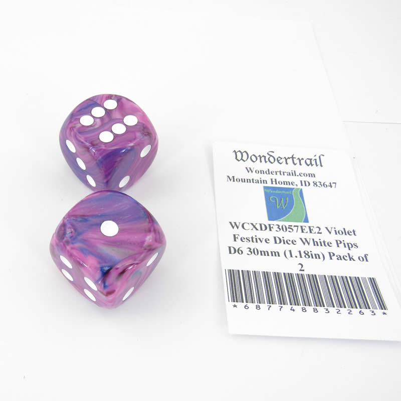 WCXDF3057EE2 Violet Festive Dice White Pips D6 30mm (1.18in) Pack of 2 Main Image