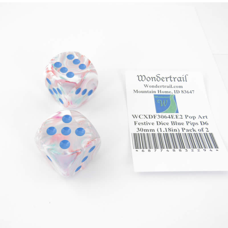 WCXDF3064EE2 Pop Art Festive Dice Blue Pips D6 30mm (1.18in) Pack of 2 Main Image