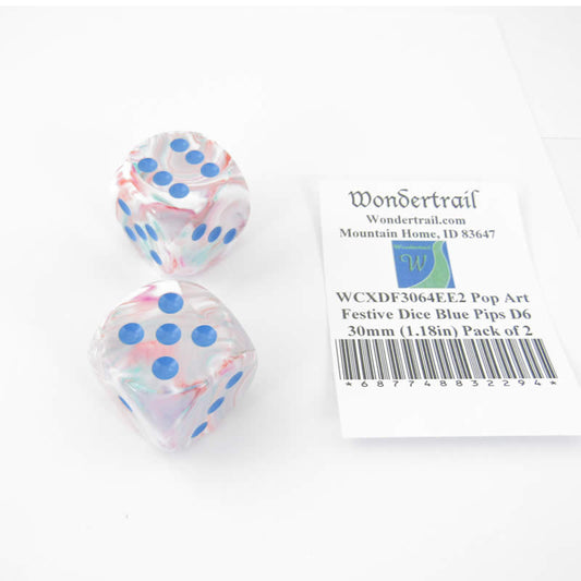 WCXDF3064EE2 Pop Art Festive Dice Blue Pips D6 30mm (1.18in) Pack of 2 Main Image