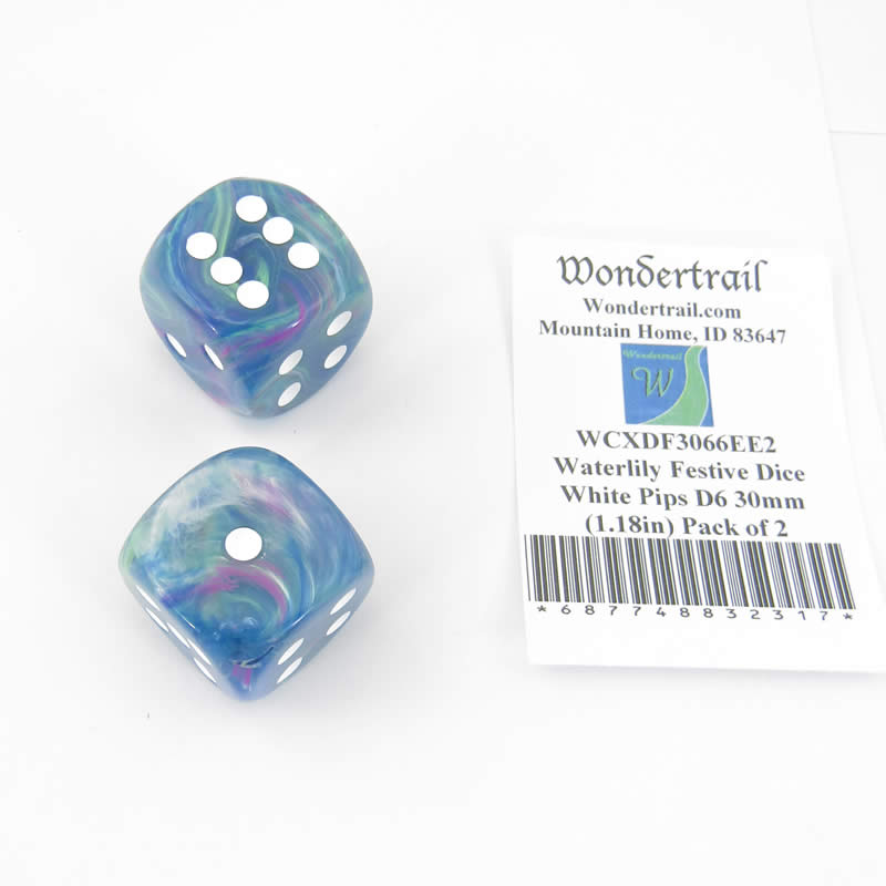 WCXDF3066EE2 Waterlily Festive Dice White Pips D6 30mm (1.18in) Pack of 2 Main Image