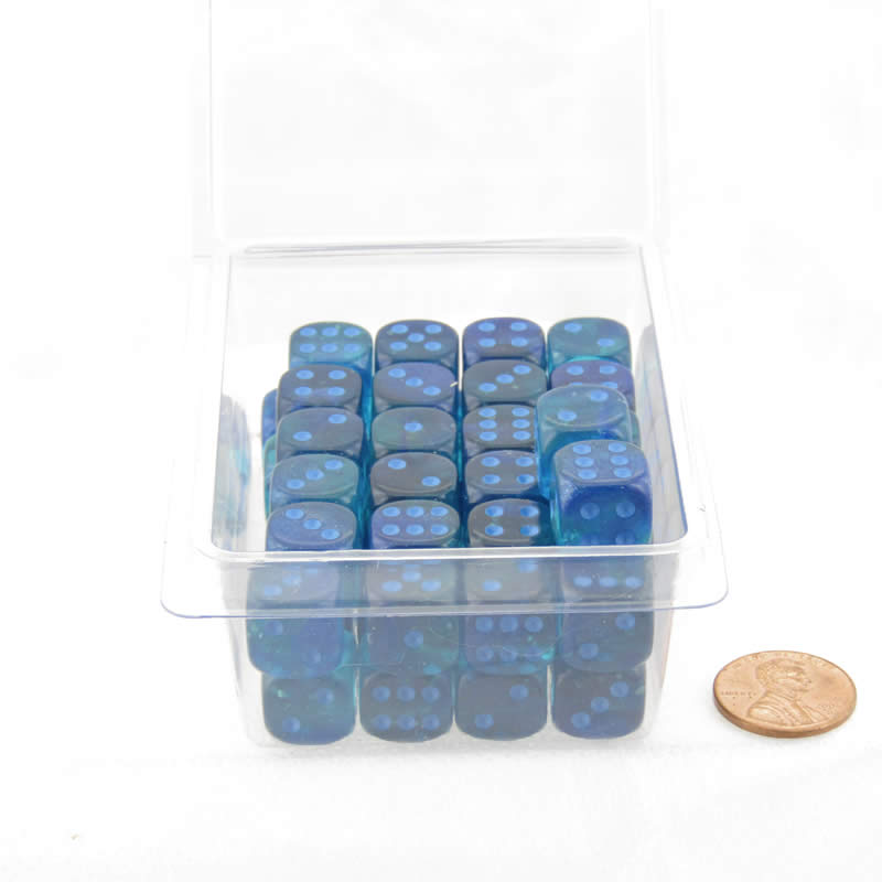 WCXDG1263E50 Blue and Blue Gemini Luminary Dice with Light Blue Pips D6 12mm (1/2in) Pack of 50 Main Image