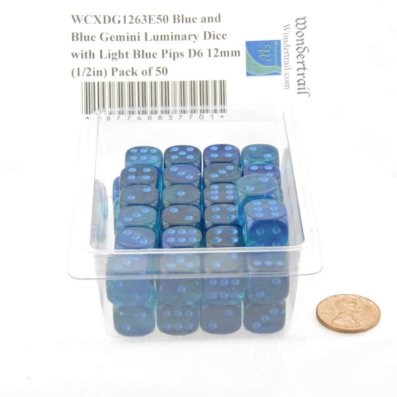 WCXDG1263E50 Blue and Blue Gemini Luminary Dice with Light Blue Pips D6 12mm (1/2in) Pack of 50 2nd Image