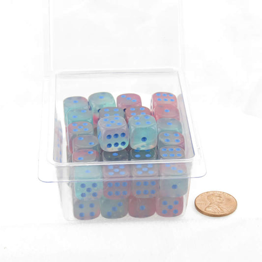 WCXDG1264E50 Gel Green and Pink Gemini Luminary Dice with Blue Pips D6 12mm (1/2in) Pack of 50 Main Image