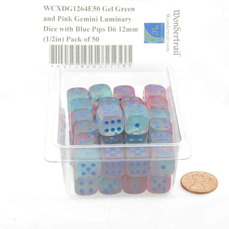 WCXDG1264E50 Gel Green and Pink Gemini Luminary Dice with Blue Pips D6 12mm (1/2in) Pack of 50 2nd Image