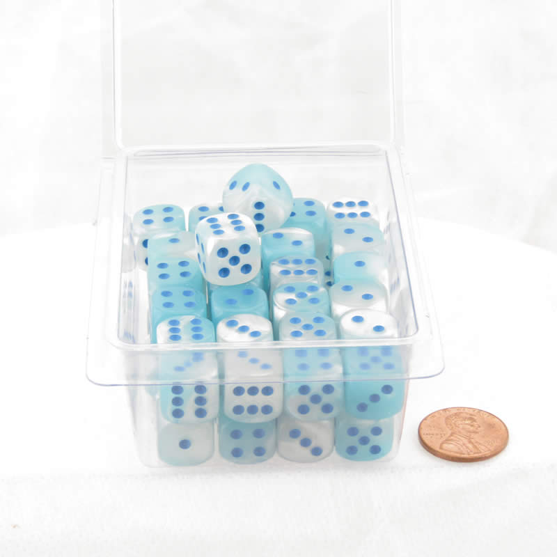WCXDG1265E50 Pearl Turquoise and White Gemini Luminary Dice with Blue Pips D6 12mm (1/2in) Pack of 50 Main Image