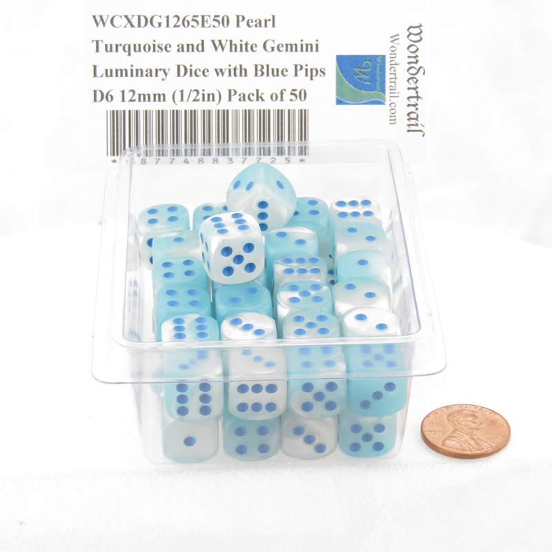 WCXDG1265E50 Pearl Turquoise and White Gemini Luminary Dice with Blue Pips D6 12mm (1/2in) Pack of 50 2nd Image