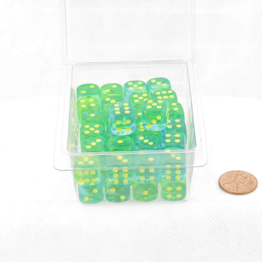 WCXDG1266E50 Green and Teal Translucent Gemini Dice Yellow Pips D6 12mm (1/2in) Pack of 50
