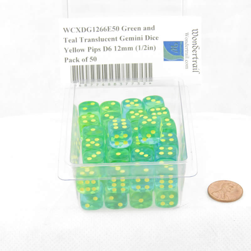 WCXDG1266E50 Green and Teal Translucent Gemini Dice Yellow Pips D6 12mm (1/2in) Pack of 50