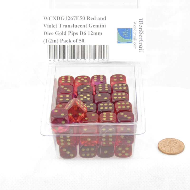 WCXDG1267E50 Red and Violet Translucent Gemini Dice Gold Pips D6 12mm (1/2in) Pack of 50