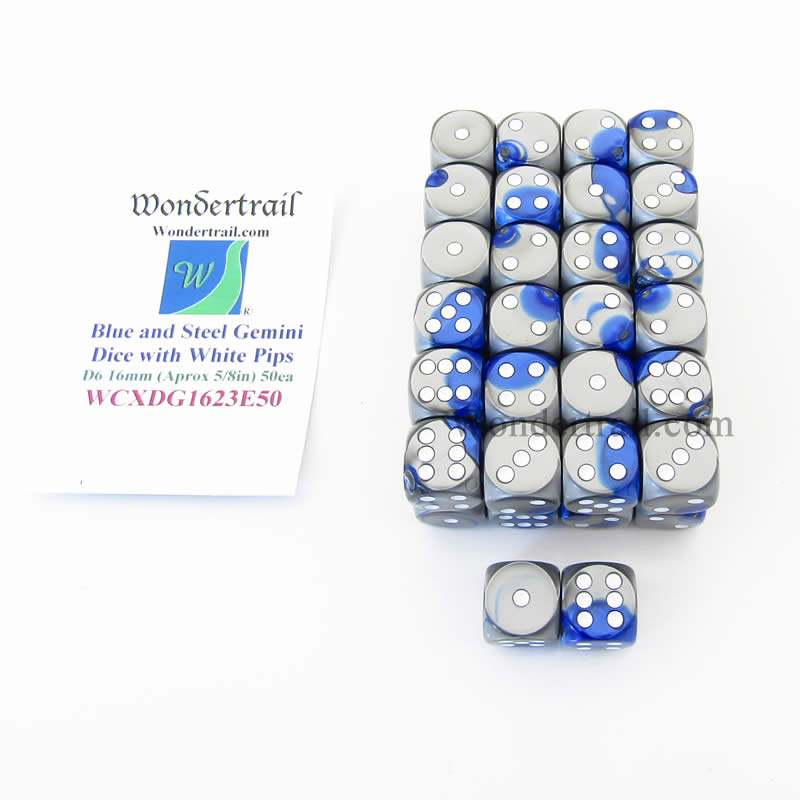 WCXDG1623E50 Blue Steel Gemini Dice White Pips D6 16mm Pack of 50 Main Image