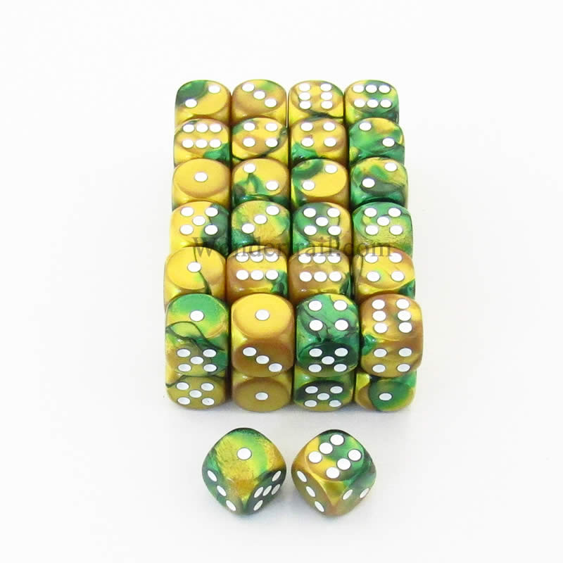 WCXDG1625E50 Gold Green Gemini Dice White Pips D6 16mm Pack of 50 Main Image