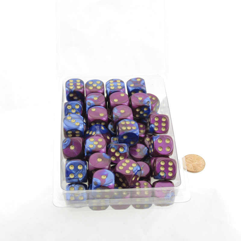 WCXDG1628E50 Blue Purple Gemini Dice Gold Pips D6 16mm Pack of 50 Main Image