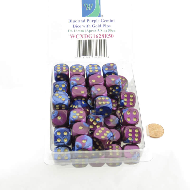 WCXDG1628E50 Blue Purple Gemini Dice Gold Pips D6 16mm Pack of 50 2nd Image