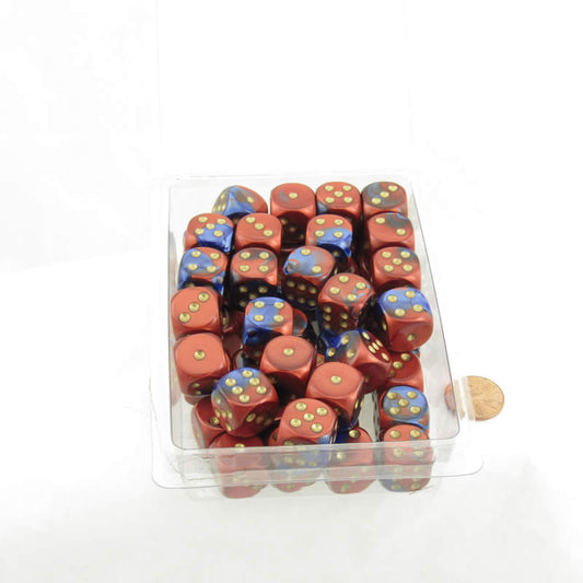 WCXDG1629E50 Blue Red Gemini Dice Gold Pips D6 16mm Bulk Pack of 50 Main Image