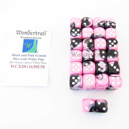 WCXDG1630E50 Black Pink Gemini Dice White Pips D6 16mm Bulk Pack of 50 Main Image