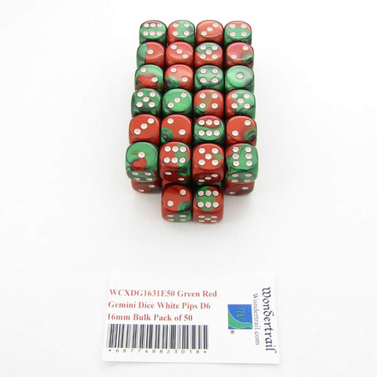 WCXDG1631E50 Green Red Gemini Dice White Pips D6 16mm Bulk Pack of 50 Main Image