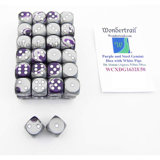 WCXDG1632E50 Purple Steel Gemini Dice White Pips D6 16mm Bulk Pack of 50 Main Image