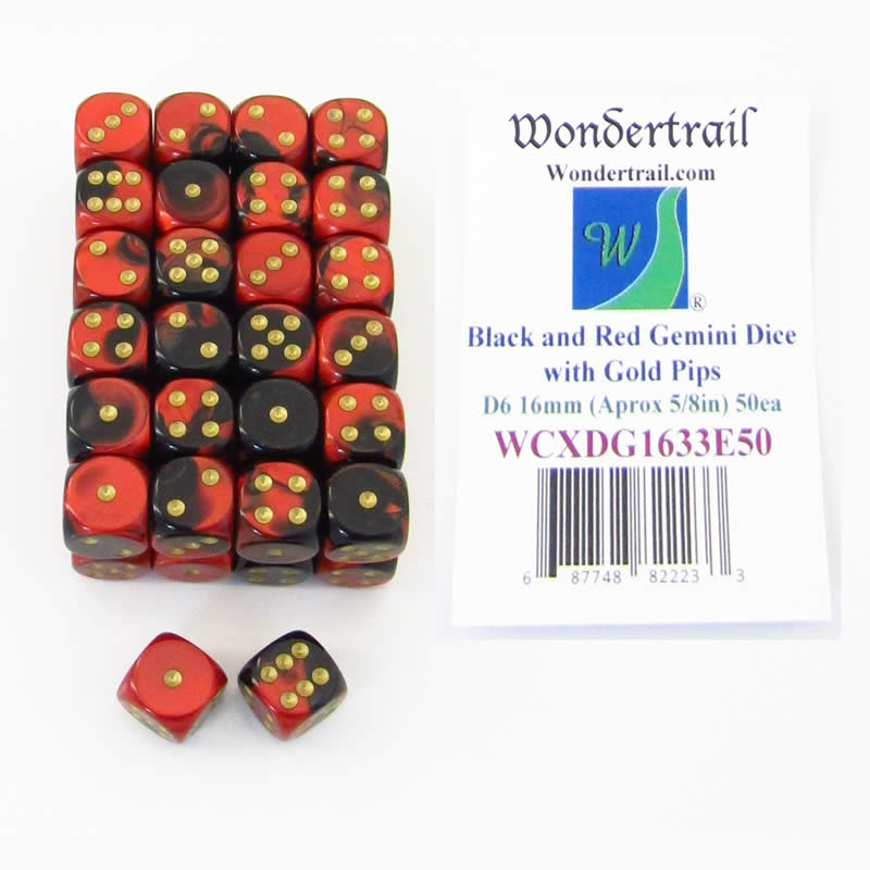 WCXDG1633E50 Black Red Gemini Dice Gold Pips D6 16mm Bulk Pack of 50 Main Image