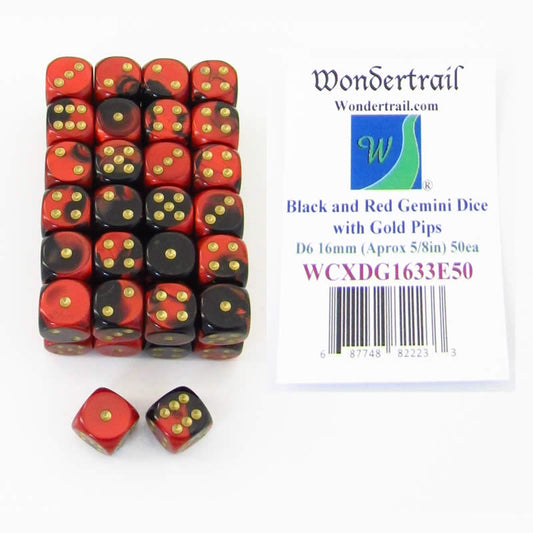 WCXDG1633E50 Black Red Gemini Dice Gold Pips D6 16mm Bulk Pack of 50 Main Image