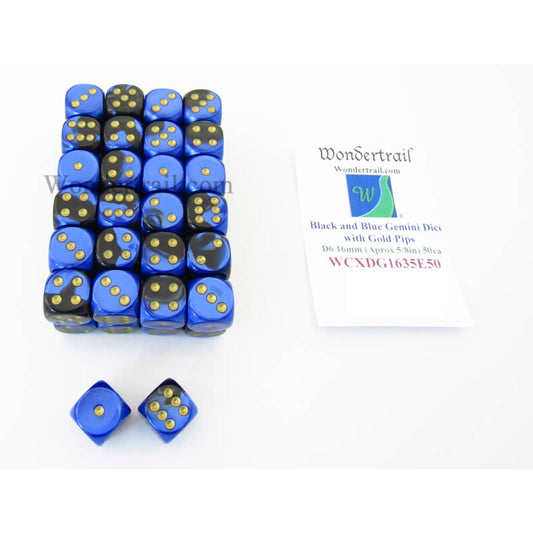 WCXDG1635E50 Black Blue Gemini Dice Gold Pips D6 16mm Bulk Pack of 50 Main Image