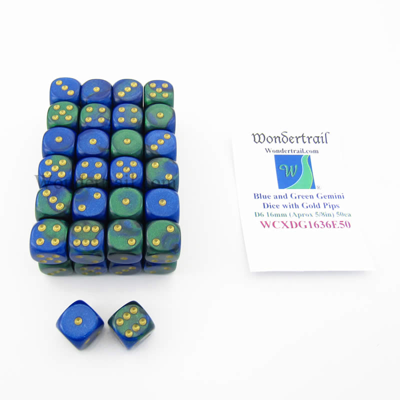 WCXDG1636E50 Blue Green Gemini Dice Gold Pips D6 16mm Bulk Pack Of 50 Main Image