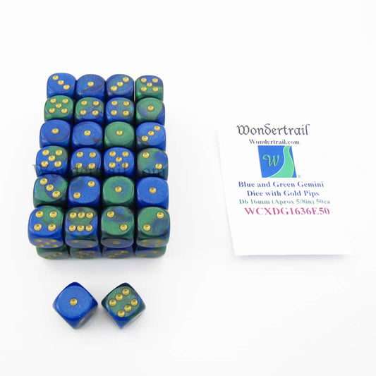 WCXDG1636E50 Blue Green Gemini Dice Gold Pips D6 16mm Bulk Pack Of 50 Main Image