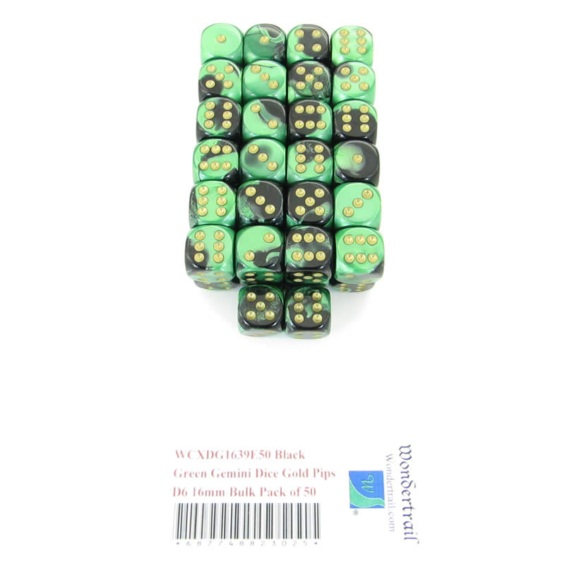 WCXDG1639E50 Black Green Gemini Dice Gold Pips D6 16mm Bulk Pack of 50 Main Image