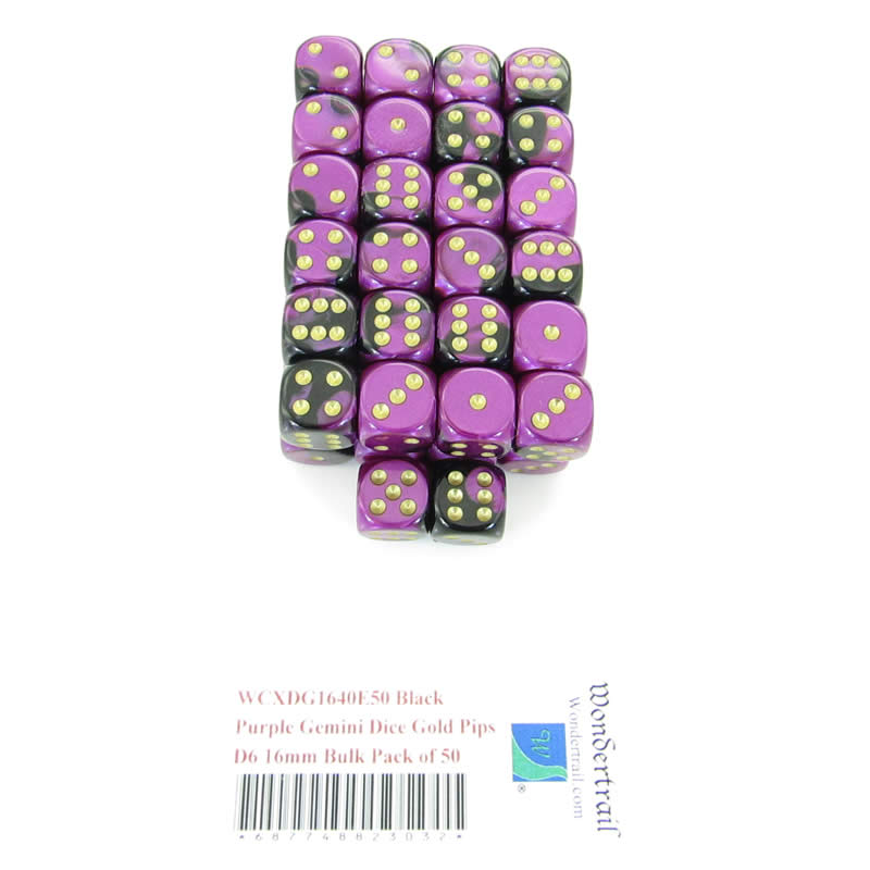 WCXDG1640E50 Black Purple Gemini Dice Gold Pips D6 16mm Bulk Pack of 50 Main Image