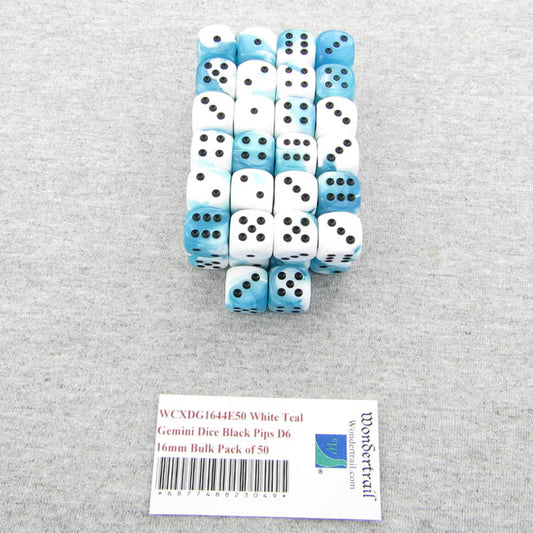 WCXDG1644E50 White Teal Gemini Dice Black Pips D6 16mm Bulk Pack of 50 Main Image