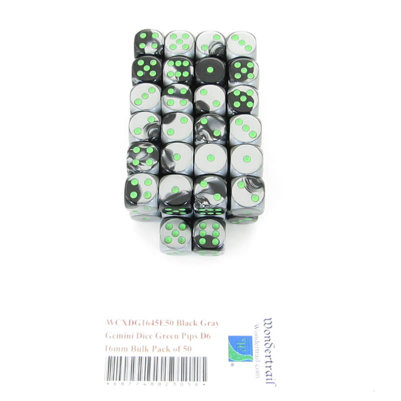 WCXDG1645E50 Black Gray Gemini Dice Green Pips D6 16mm Bulk Pack of 50 Main Image