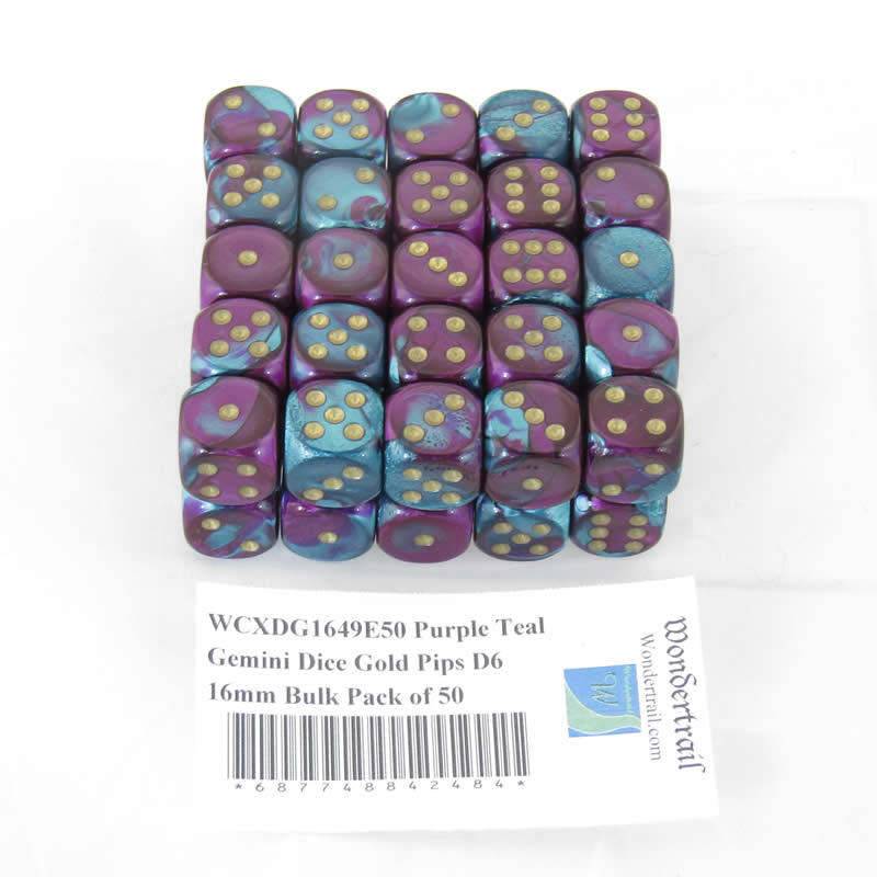 WCXDG1649E50 PurpleTeal Gemini Dice Gold Pips D6 16mm Bulk Pack of 50 Main Image