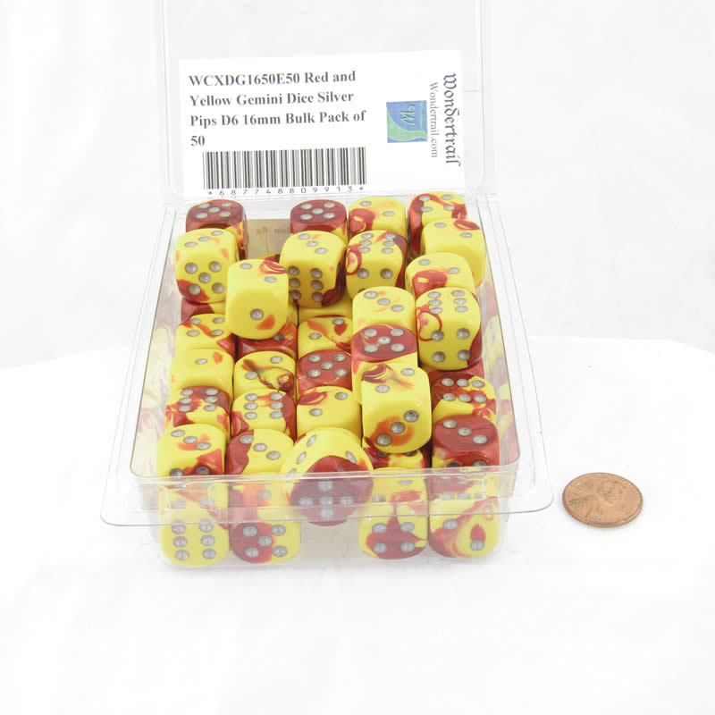 WCXDG1650E50 Red and Yellow Gemini Dice Silver Pips D6 16mm Bulk Pack of 50 Main Image