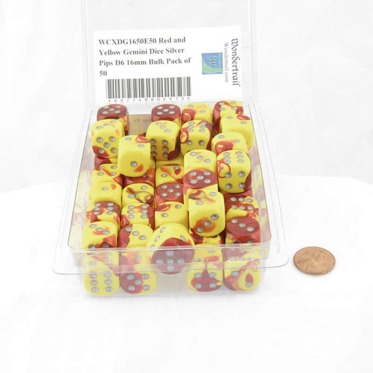 WCXDG1650E50 Red and Yellow Gemini Dice Silver Pips D6 16mm Bulk Pack of 50 Main Image