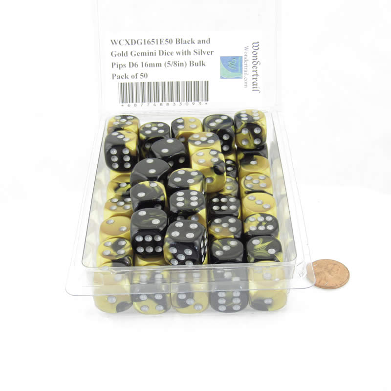 WCXDG1651E50 Black Gold Gemini Dice Silver Pips D6 16mm Bulk Pack of 50 Main Image