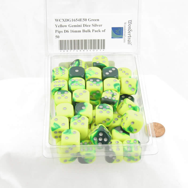 WCXDG1654E50 Green Yellow Gemini Dice Silver Pips D6 16mm Bulk Pack of 50 2nd Image