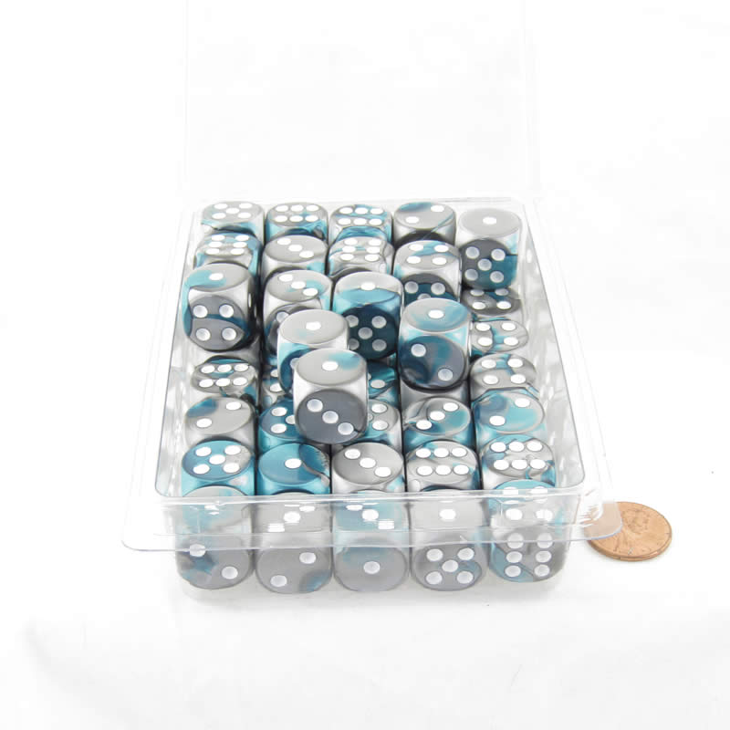 WCXDG1656E50 Steel and Teal Gemini Dice White Pips D6 16mm (5/8in) Bulk Pack of 50 Main Image