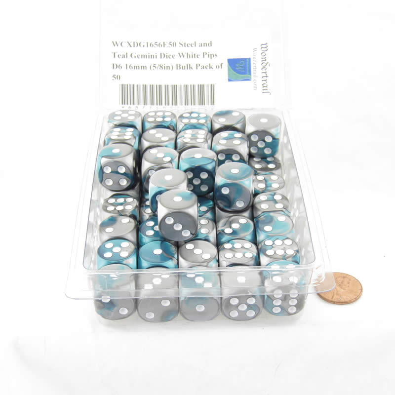 WCXDG1656E50 Steel and Teal Gemini Dice White Pips D6 16mm (5/8in) Bulk Pack of 50 2nd Image