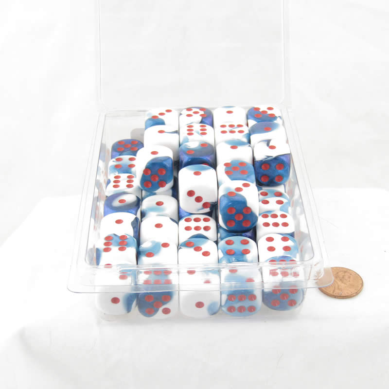 WCXDG1657E50 Astral Blue and White Gemini Dice Red Pips D6 16mm (5/8in) Bulk Pack of 50 Main Image